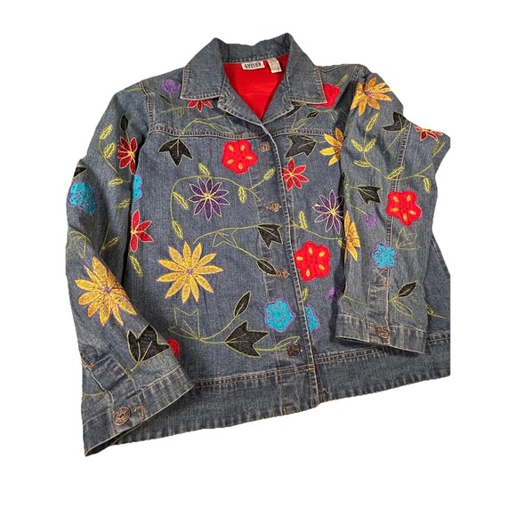 Women's Chico's Design Y2K sz 1 Denim Floral Embroidered Jean Jacket Vtg Med - Picture 3 of 14